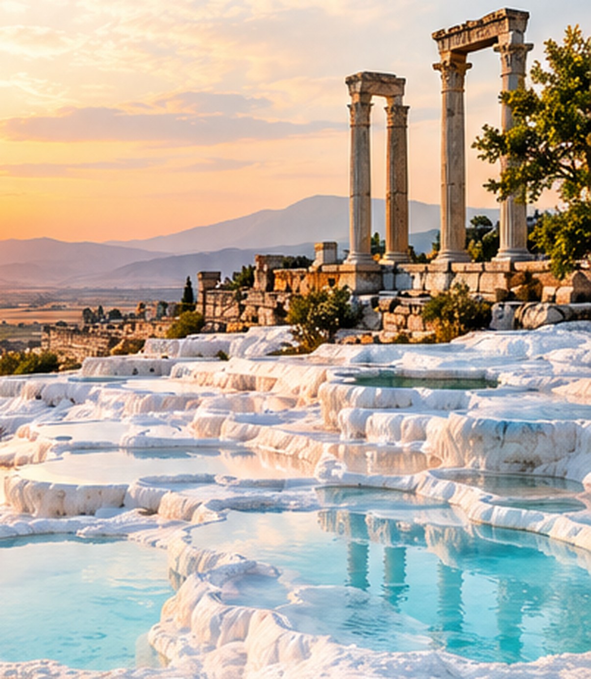 The travertine terraces of Pamukkale at sunset