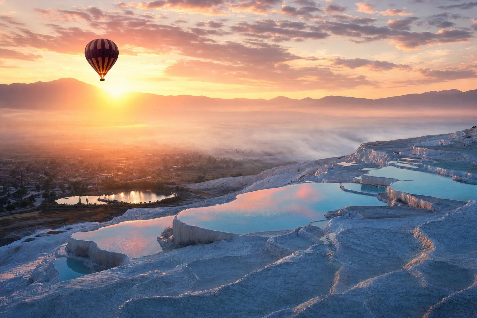 Hot-air balloon over the white travertine terraces of Pamukkale at sunrise